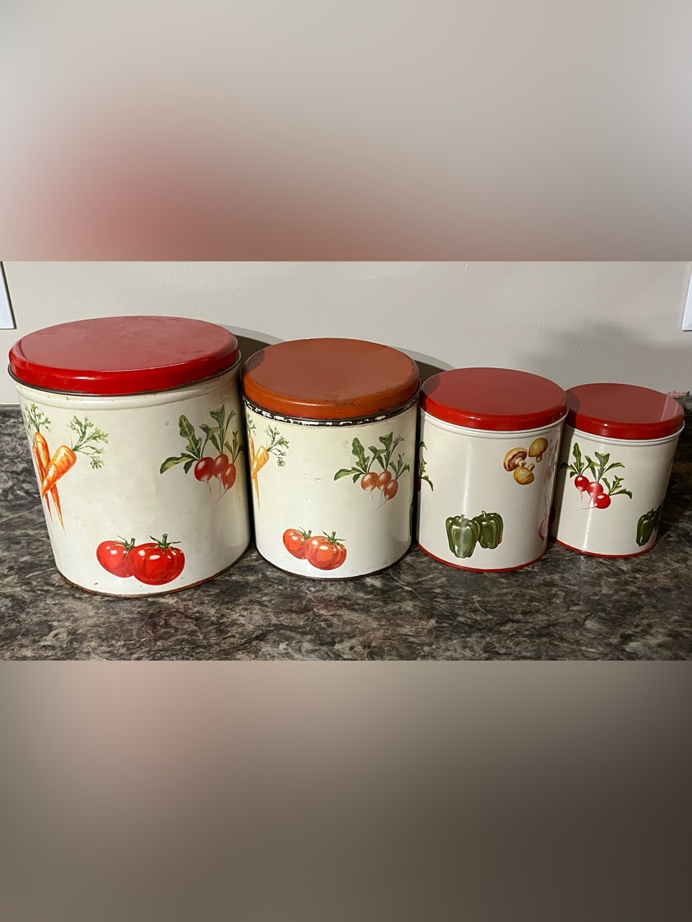 Vintage Red-Top Vegetable Tin Canister Set - 4 Piece Kitchen Storage